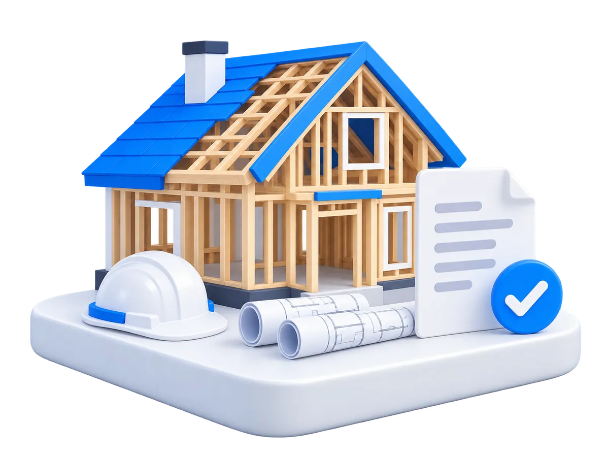 Illustration of a building under construction with plans and an inspection report