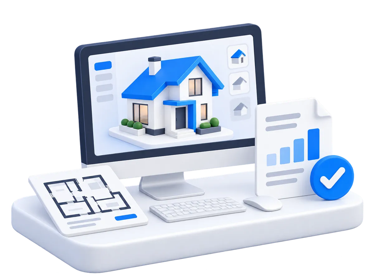 Illustration of a property displayed on a computer beside a valuation report