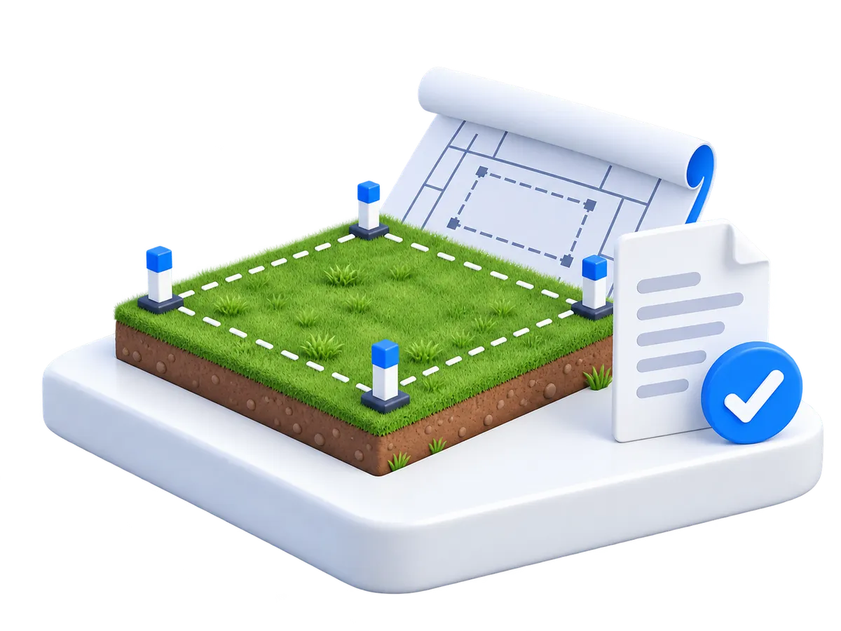 Illustration of a vacant land parcel with boundary markers and a site plan