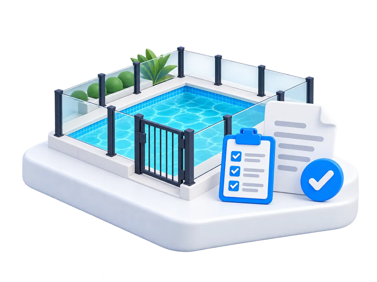Illustration of a fenced swimming pool beside an inspection report