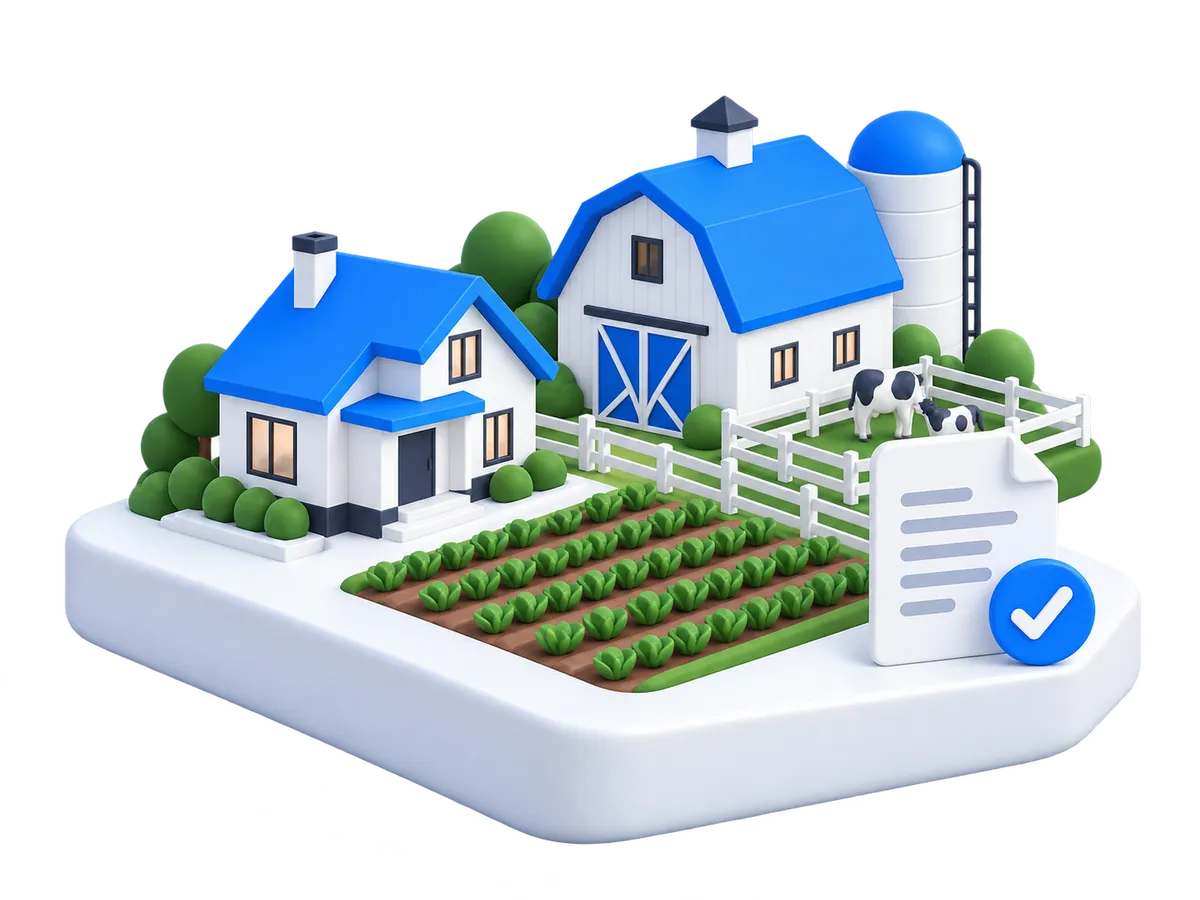Illustration of a rural property with a farmhouse, barn and paddocks