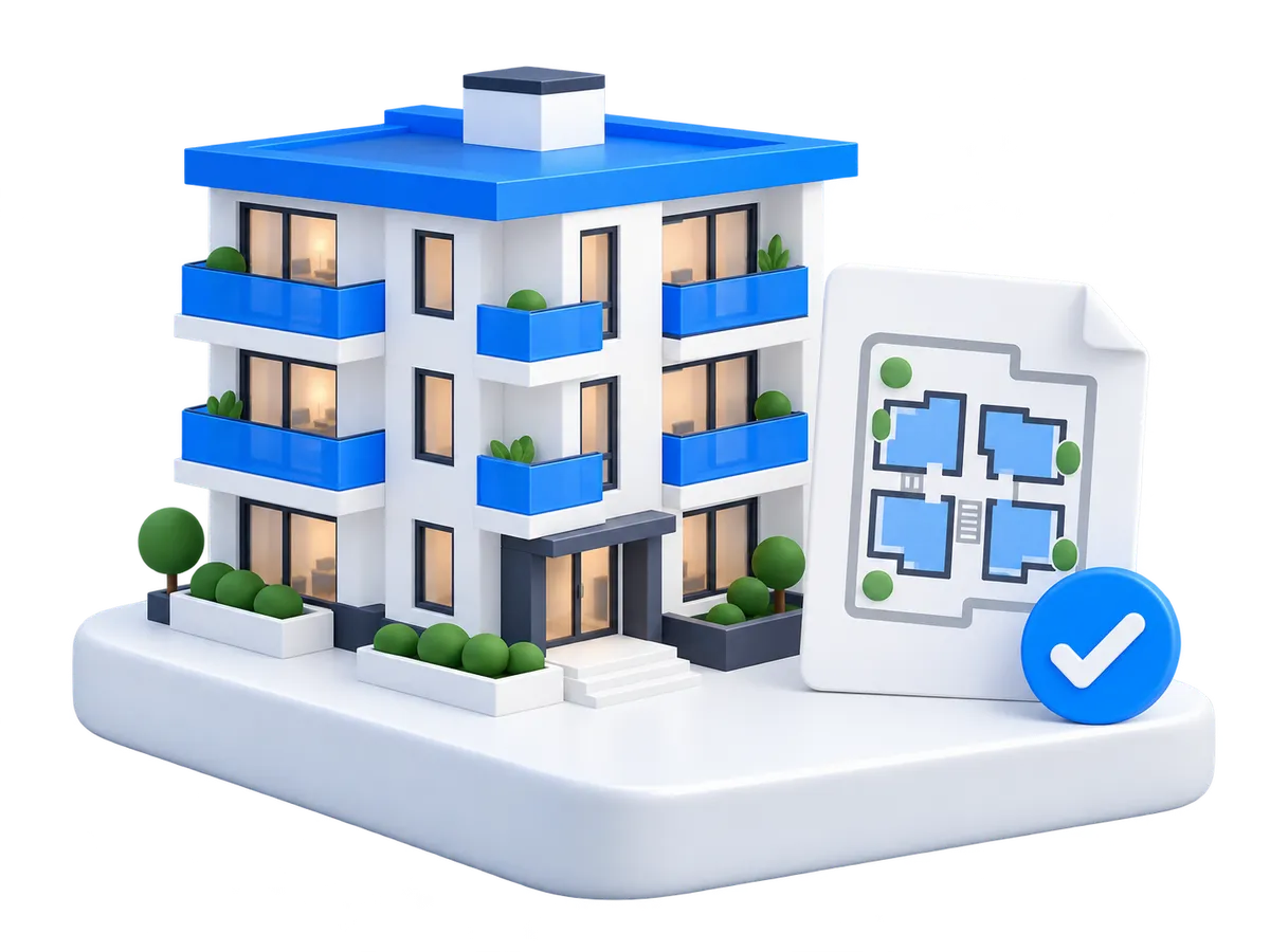 Illustration of an apartment building with individual units and a property plan